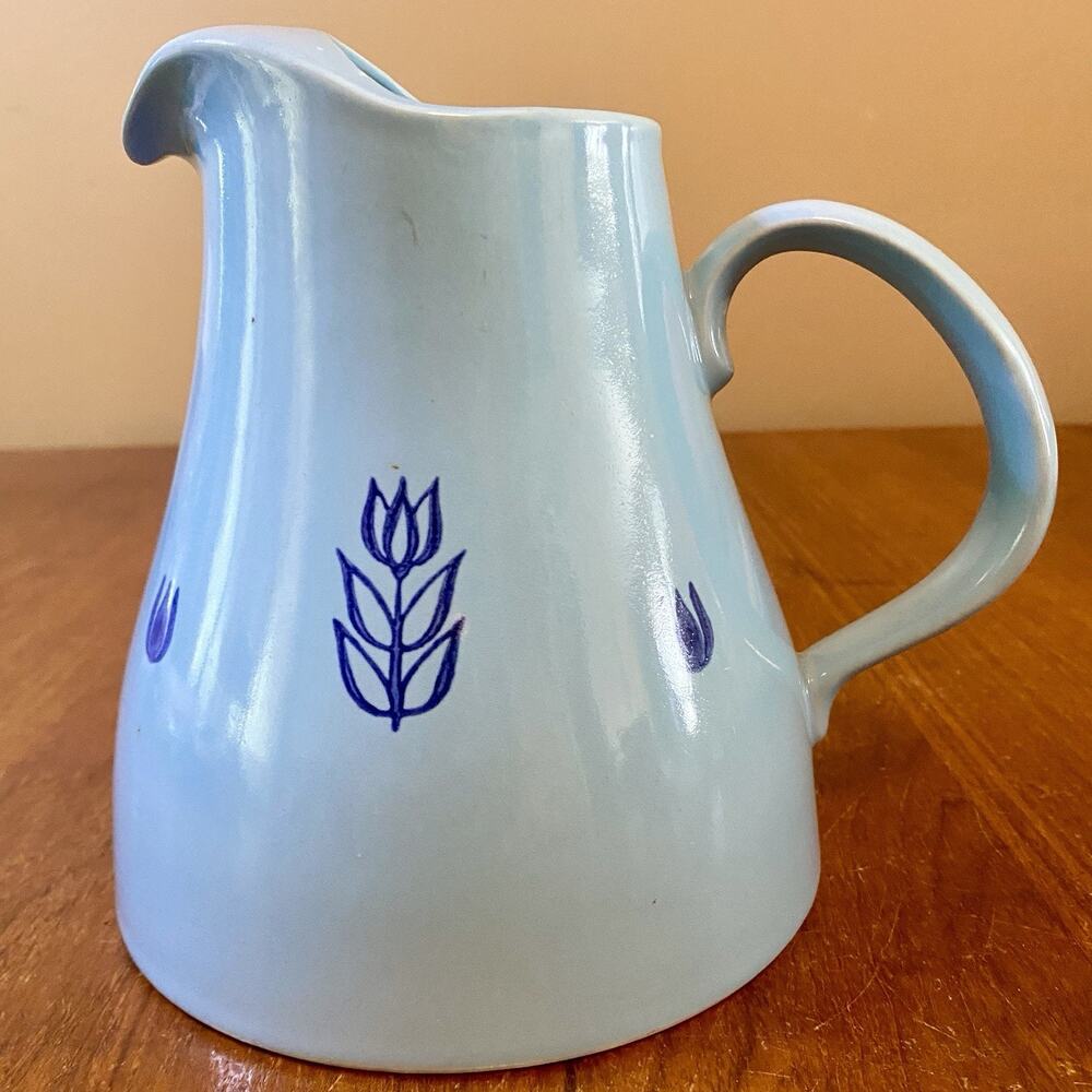Vintage USA 1950’s Cronin Ceramic Clay Pitcher Blue With Tulips 7 "